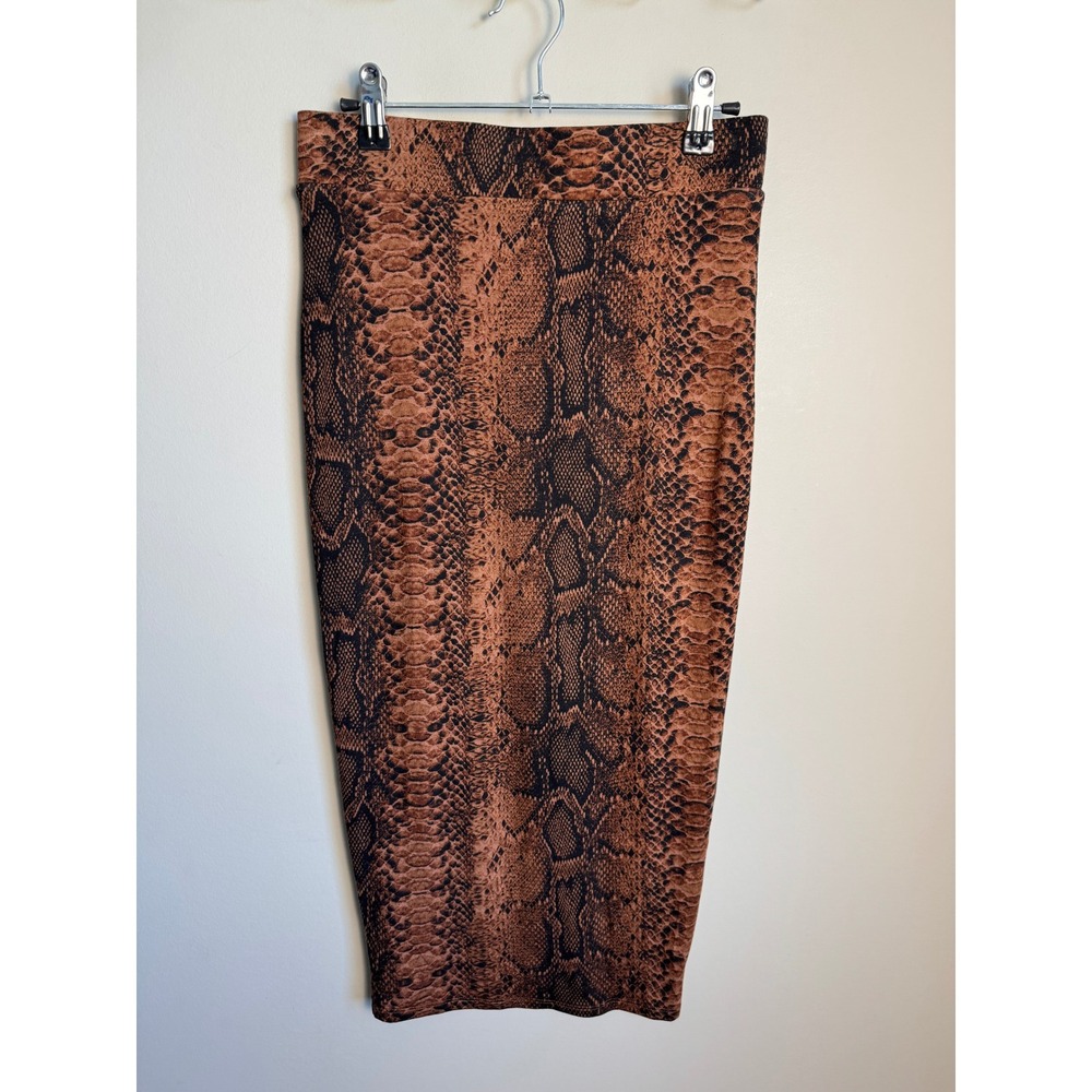 Bar III Womens Brown Snakeskin Midi Skirt S Animal Print Pencil Stretchy Chic